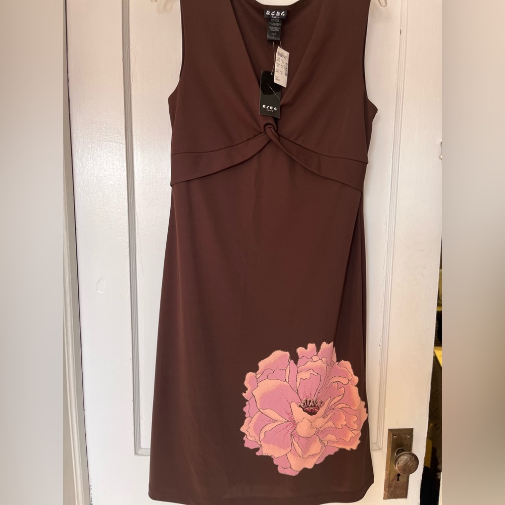 BCBG Brown Midi Dress with Pink Floral Accent